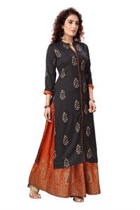 madhuram textiles Women's  Straight and 3/4th Sleeves Fully Stitched Plain Printed Slab Rayon Kurtis and Knee Length with Round Neck Long Kurti with Skirt Set