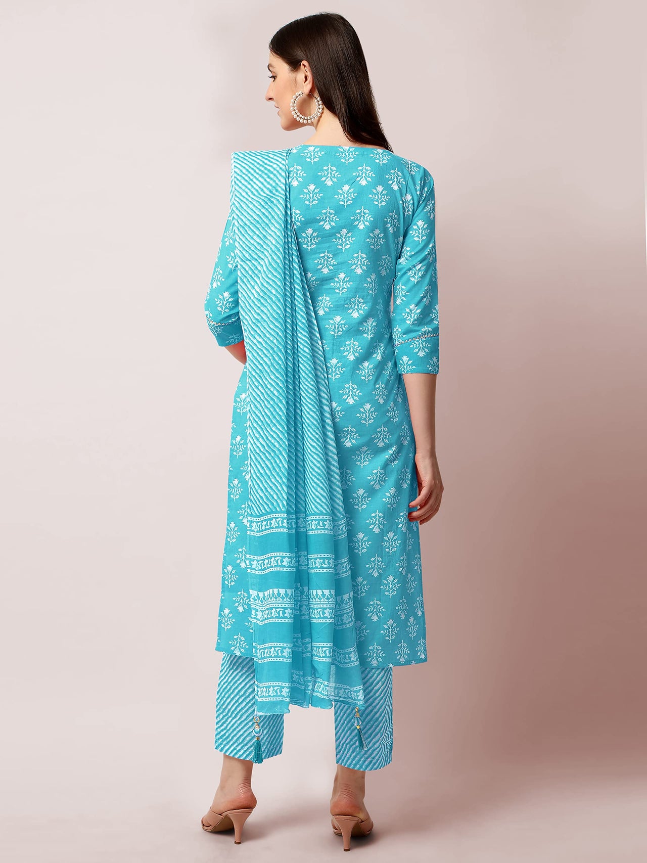 SOURBH Women's  Stylish Straight Fit Cotton Ethnic Block Motif Printed Kurta Set with Trouser Pant and Dupatta