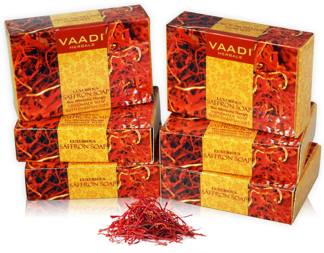 Vaadi Herbals Elbow Foot Knee Scrub Soap with Almond and Walnut Scrub, 75g x 3 and Vaadi Herbals Super Value Luxurious Saffron Skin Whitening Therapy Soap, 75g (Pack Of 6)