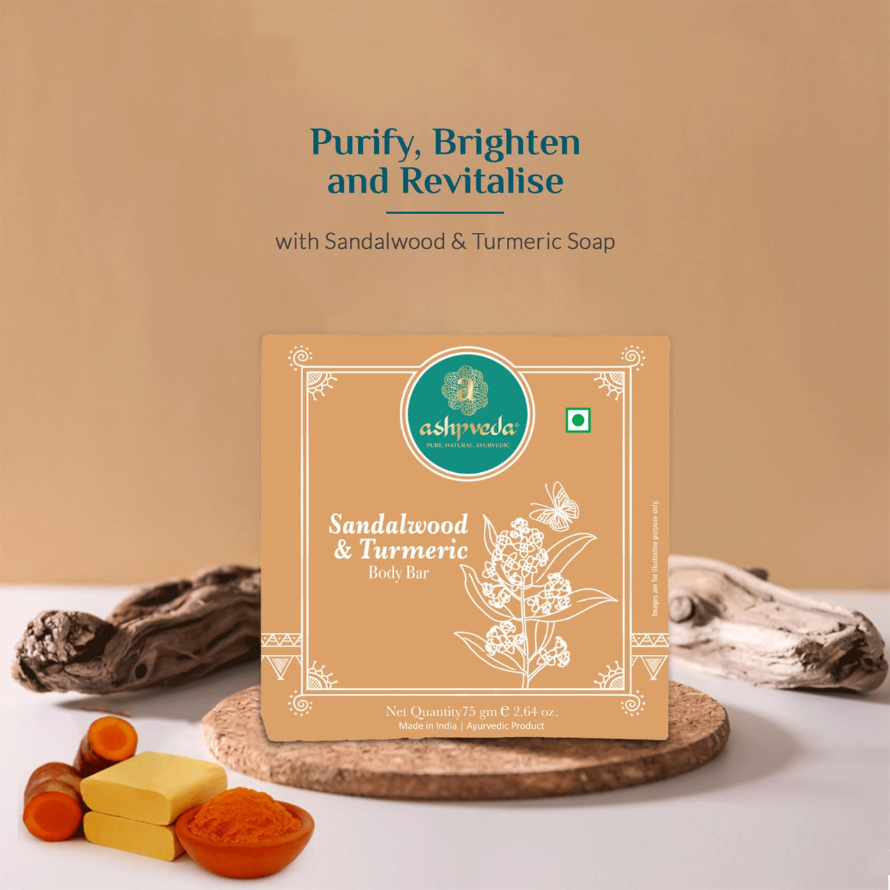 Ashpveda Sandalwood and Turmeric Soap for Bath | Ayurvedic Handmade Natural Scented Premium Bathing Soap for Glowing & Moisturizing Skin (75 gm) (Pack of 2)