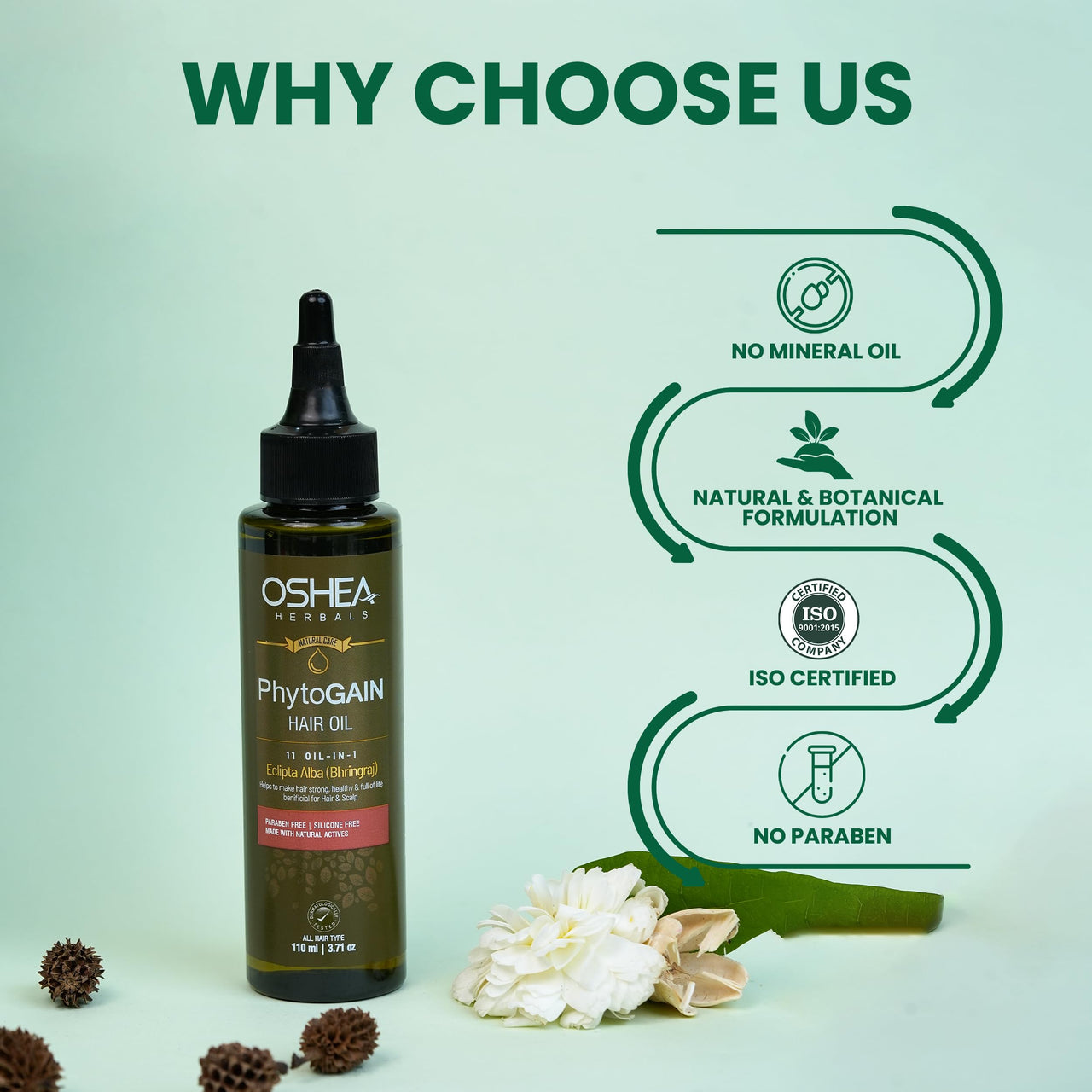 Oshea Herbals Phytogain Natural Hair Growth Oil Enriched with Bhrinjaraj | Promotes Strong Hair Growth | Paraben & Silicone Free - 110ml