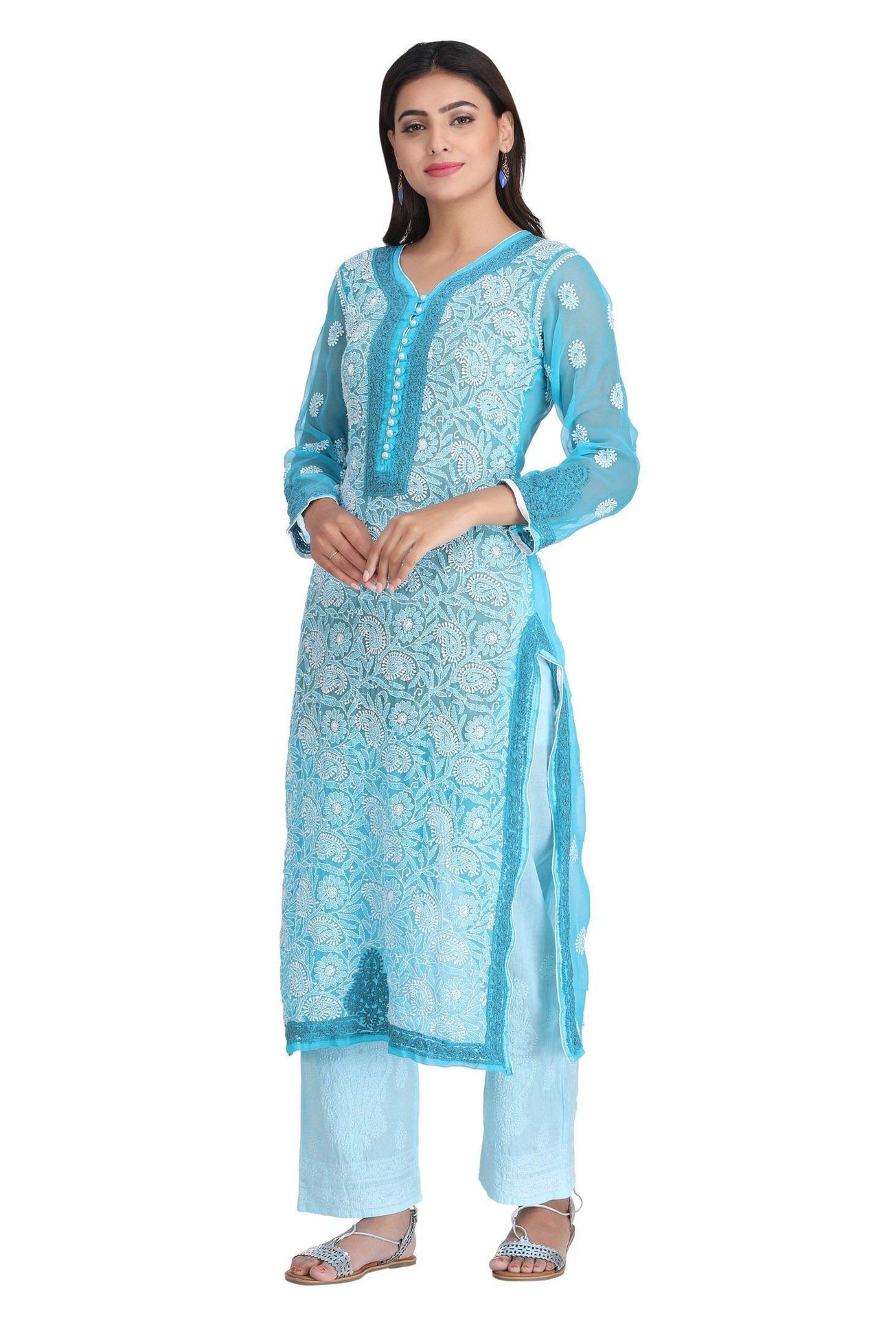 Ada Women's  Hand Embroidered Faux Georgette Lucknowi Chikankari Kurti with Slip