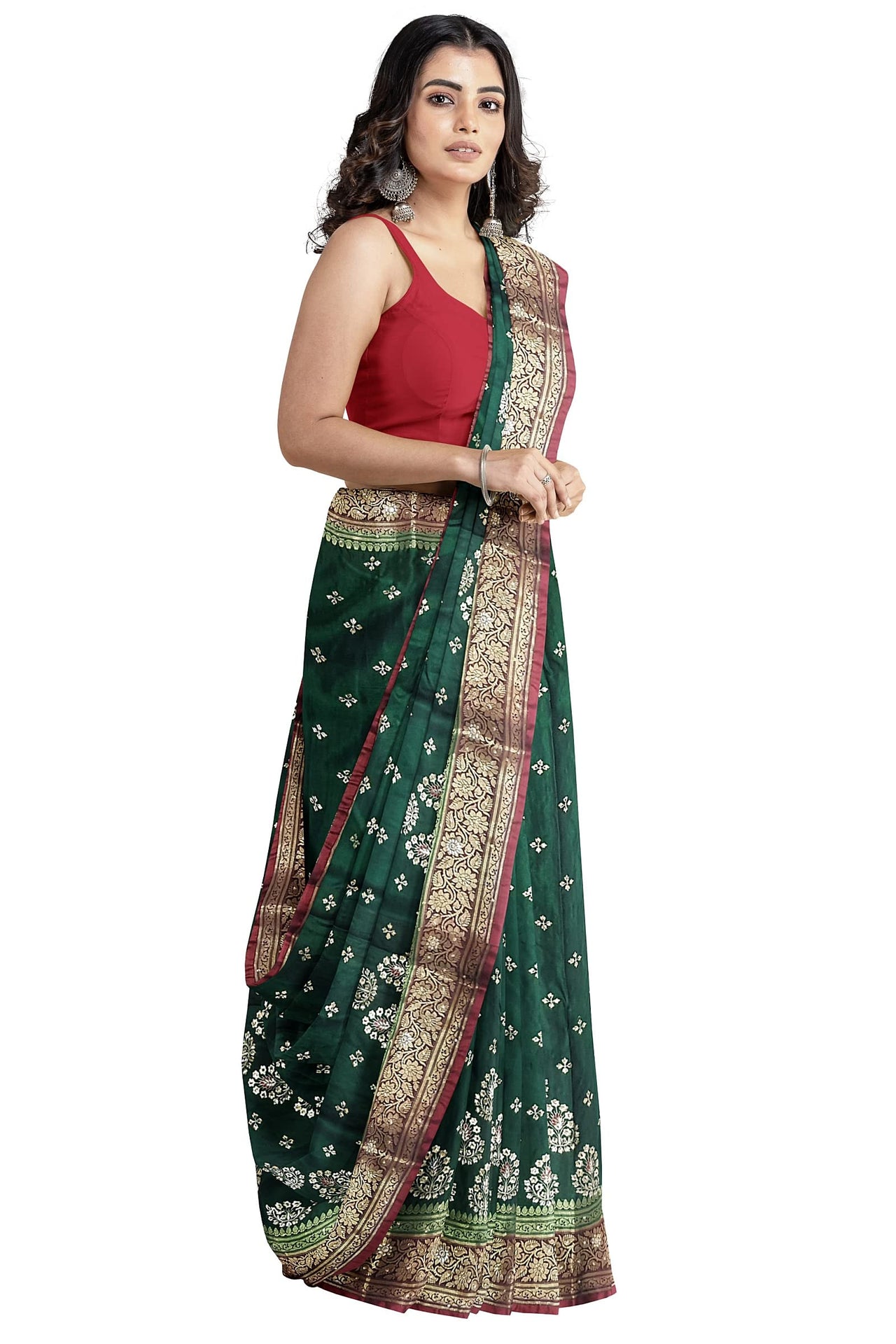 Shravanya Women's  Banarasi Silk Saree with Designer Embroidery and Stone Work with Jacquard Pallu, Border and Plain Unstitched Blouse Piece