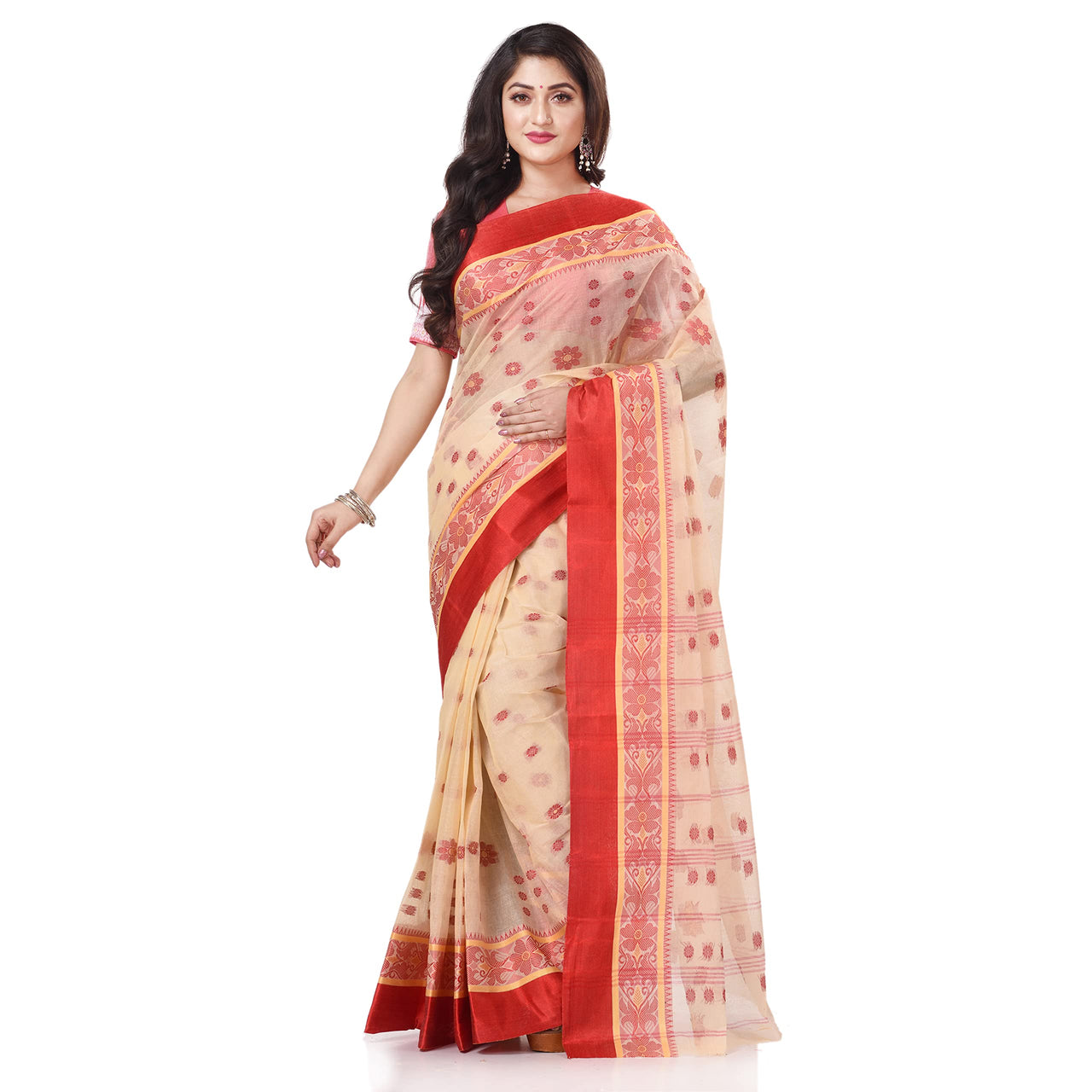 dB DESH BIDESH Women`s Traditional Bengal Phulkoli Woven Design Pure Handloom Cotton Saree Without Blouse Piece White Red