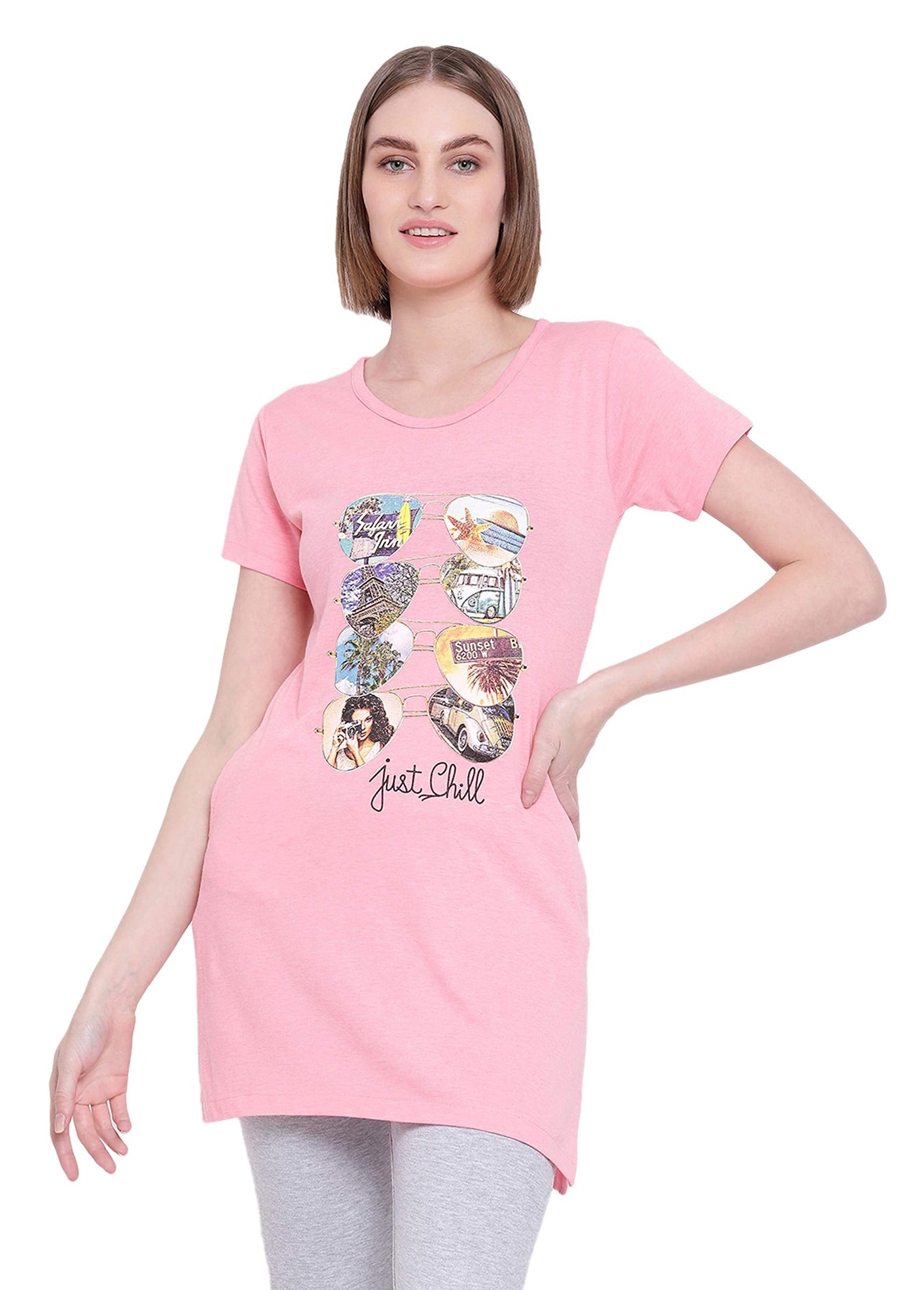 In Love Ladies Long Knee Length Chest Printed Side Slits Tshirts