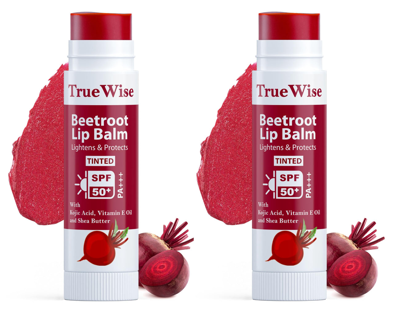 TrueWise® Tinted Lip Balm with SPF 50 PA+++ Brightening Beetroot Lip Balm For Dark Lips With Kojic Acid,Vitamin E, Soft, Glossy Lips- SPF lip balm for Women 5g (Pack Of 2)