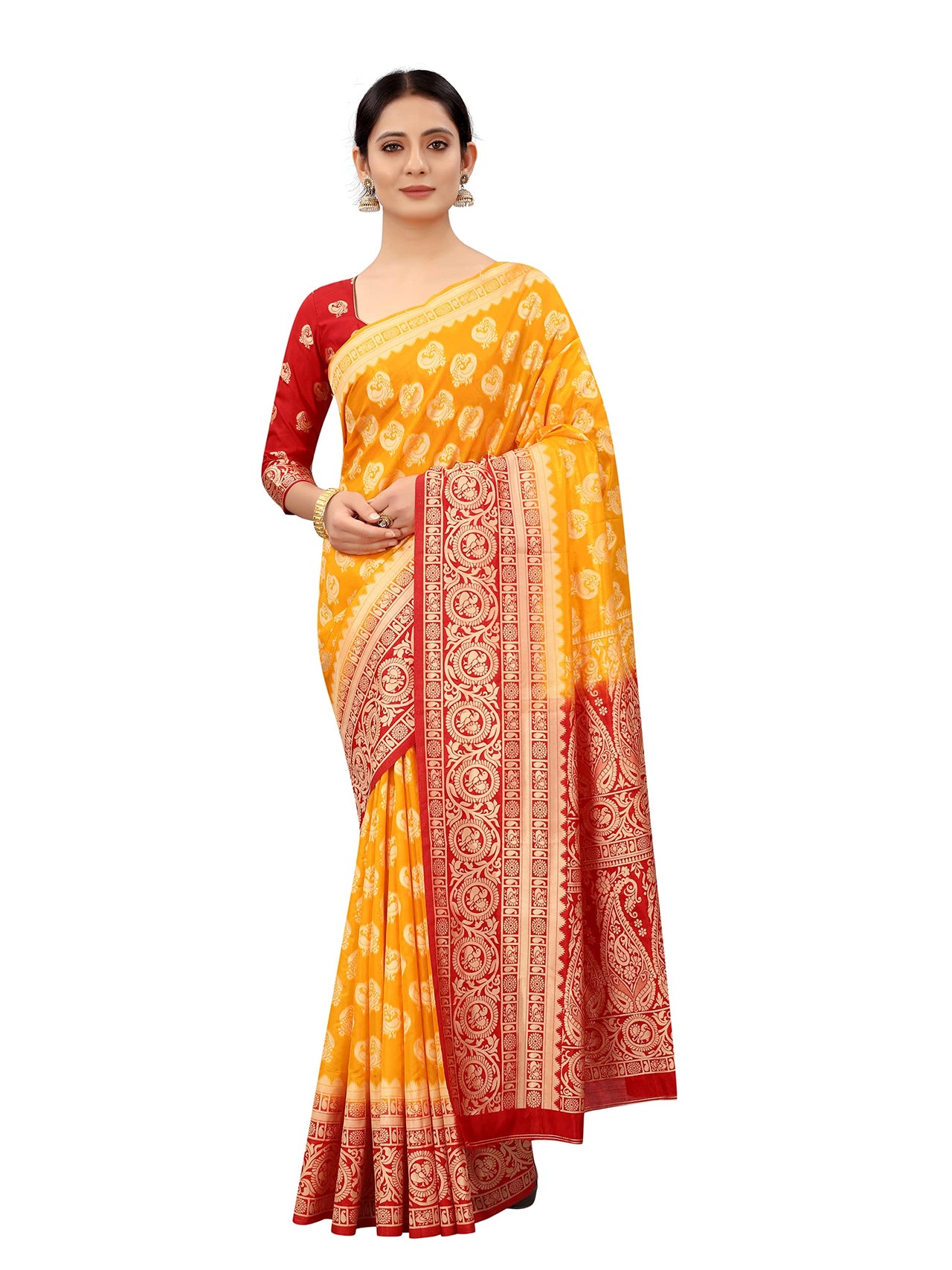SATYAM WEAVES Women’s Daily/Party/Wedding/Casual Wear Rapier Jacquard Banarasi Cotton Silk Saree With Jacquard Designed Unstitched Blouse Piece