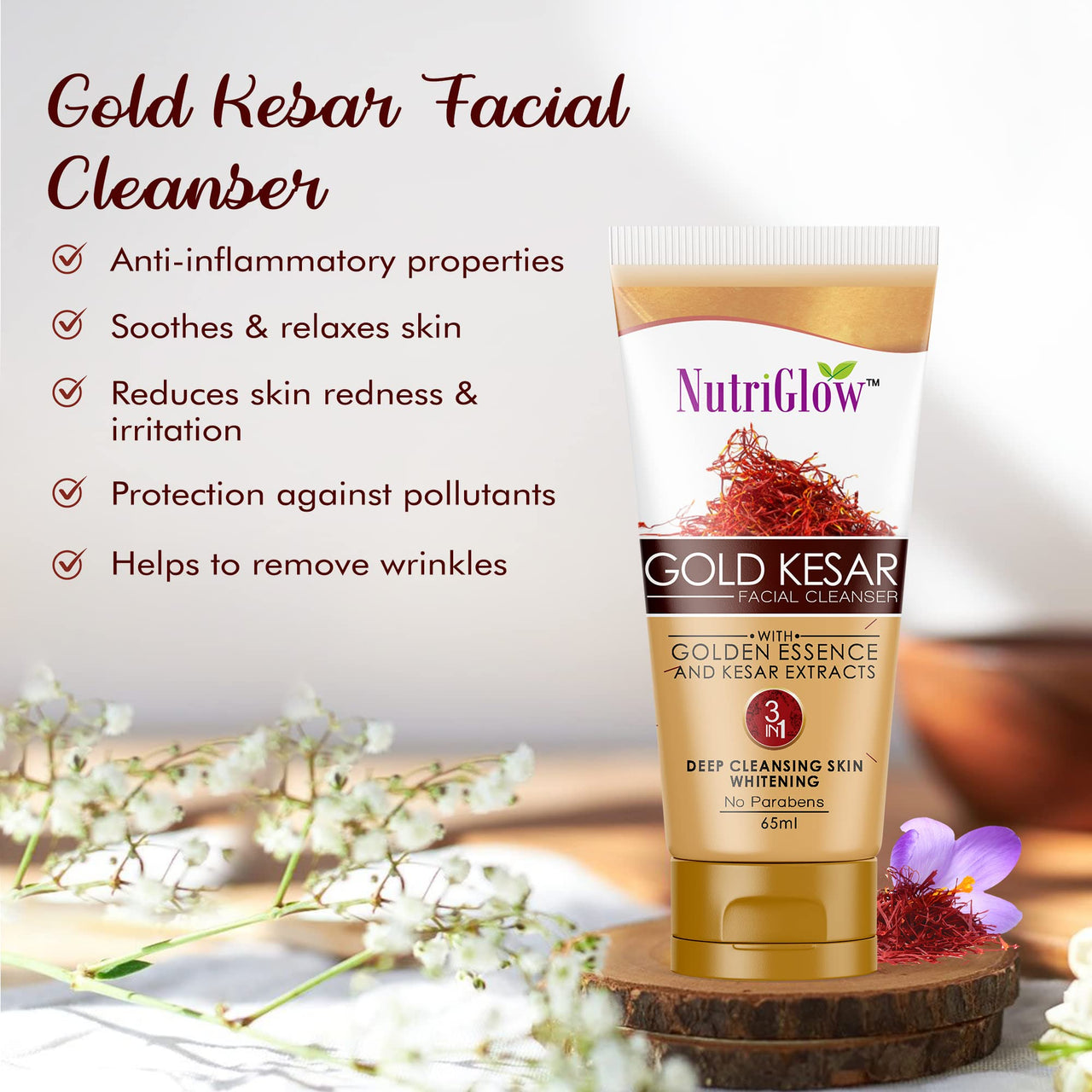 NutriGlow Gold Kesar Face Wash (65ml) With Sunscreen SPF 30 PA+++ (65ml) & Aloe Vera Gel (100g), Pack of 3