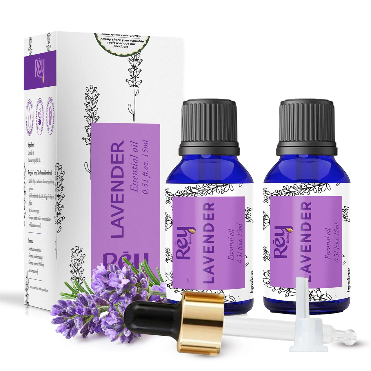 Rey Naturals Lavender Essential Oil For Hair Growth | Lavender Essential Oil For Skin | Undiluted Lavender Oil For Hair, Skin, Diffuser With Glass Dropper | Aromatherapy Diffuser Oil - 15ml(Pack Of 2)