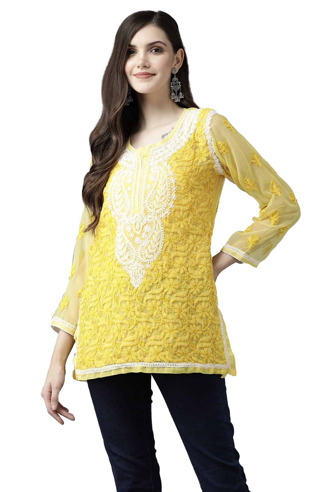 Ada Women's  Hand Embroidered Lucknowi Chikankari Georgette Short Top Kurti with Slip