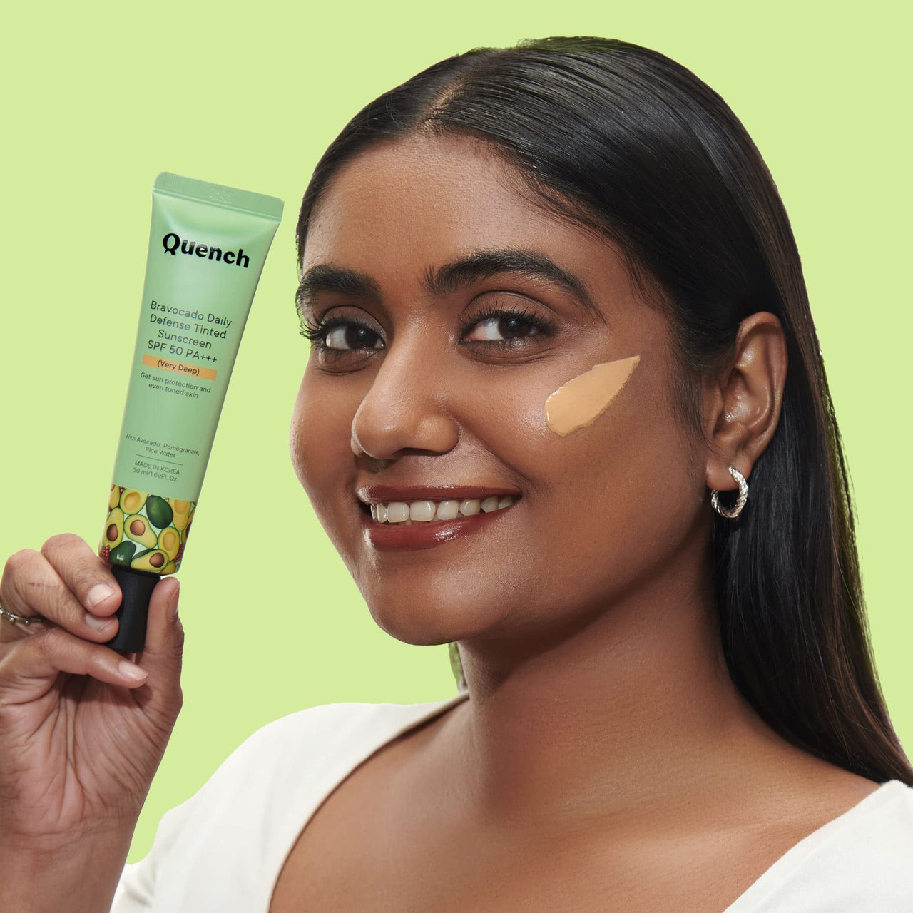 Quench Daily Defense Tinted Sunscreen SPF 50 PA+++ For Glowing Skin With Avocado & 2% Niacinamide | Blue Light Protection | Satin-Matte Finish | Made In Korea, Normal Skin (Deep, 15Ml)