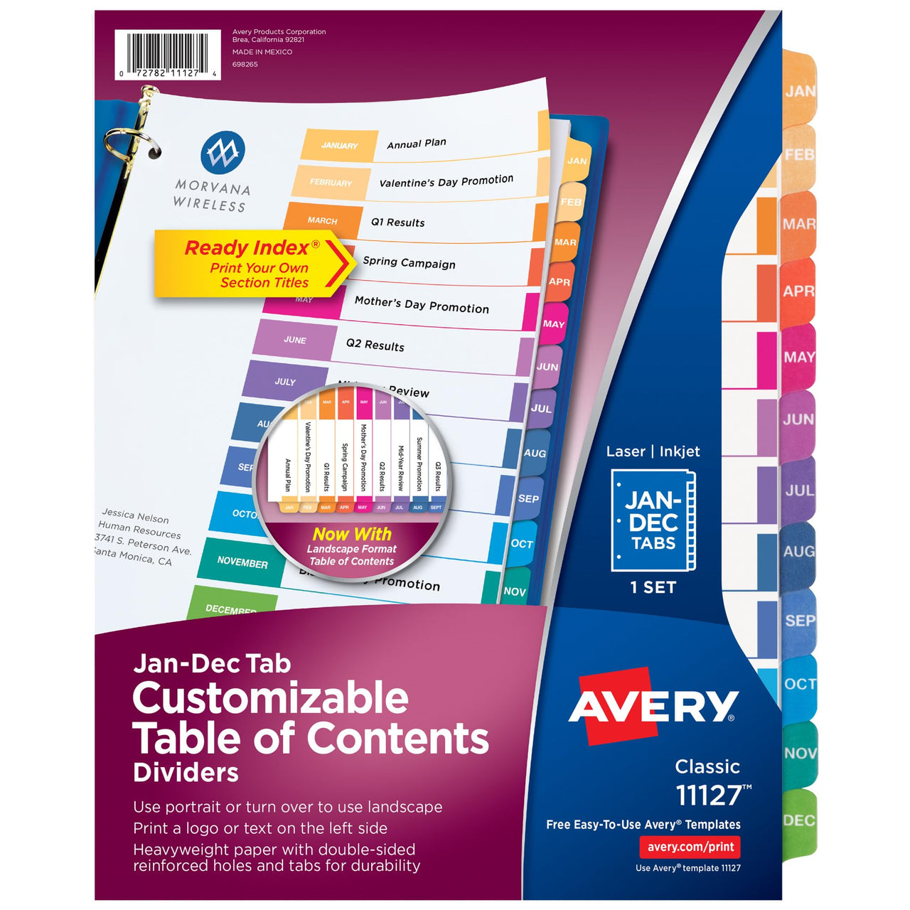 Avery Jan-Dec 12 Tab Dividers for 3 Ring Binders, Customizable Table of Contents, Multicolor Tabs, 1 Set (11127)