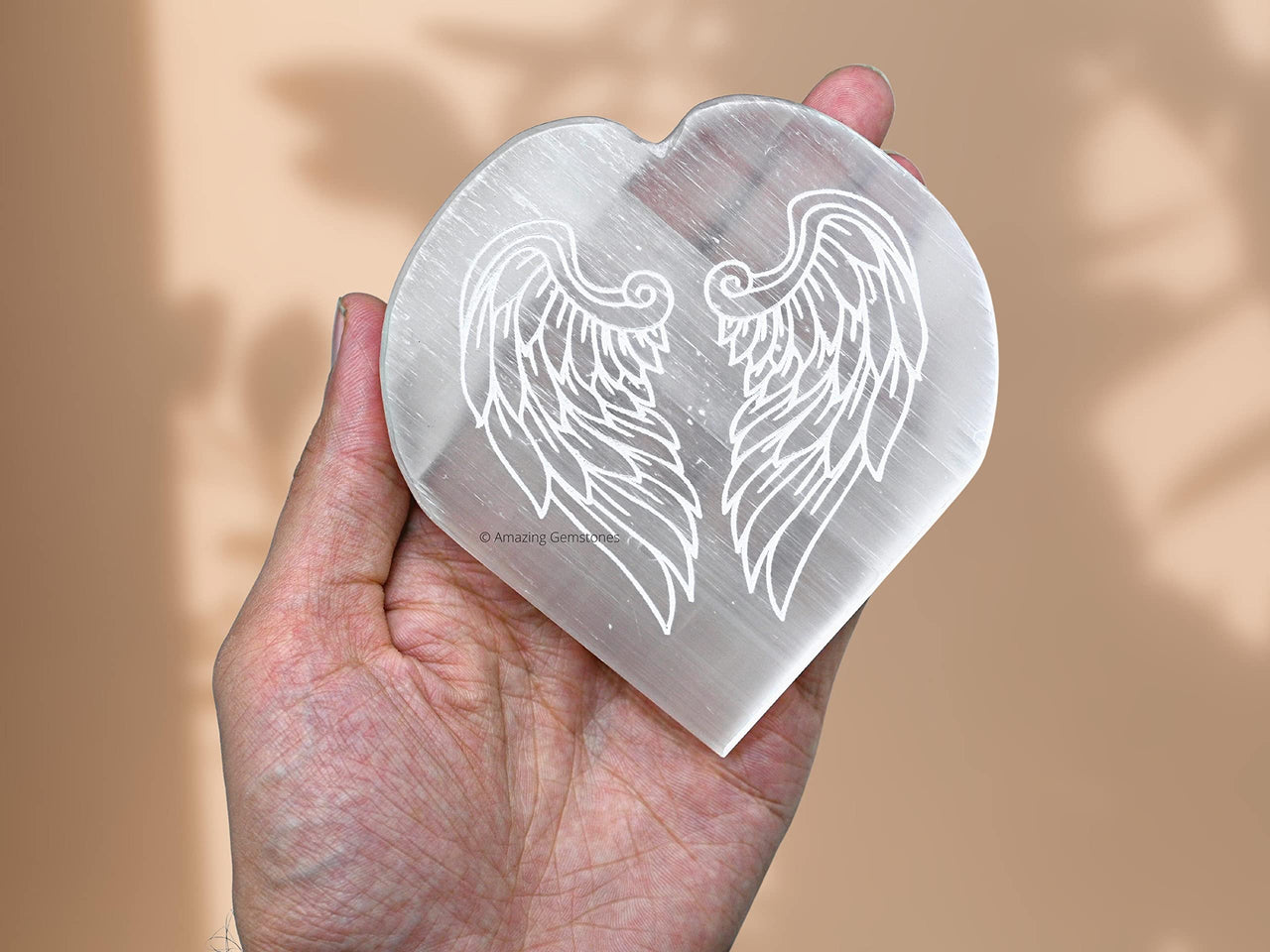 Selenite Crystal Charging Plate For Crystals And Healing Stones, 4.5" Selenite Crystal Plate Engraved Angel Wing Coaster For Home Office Table Decor (Selenite Heart)