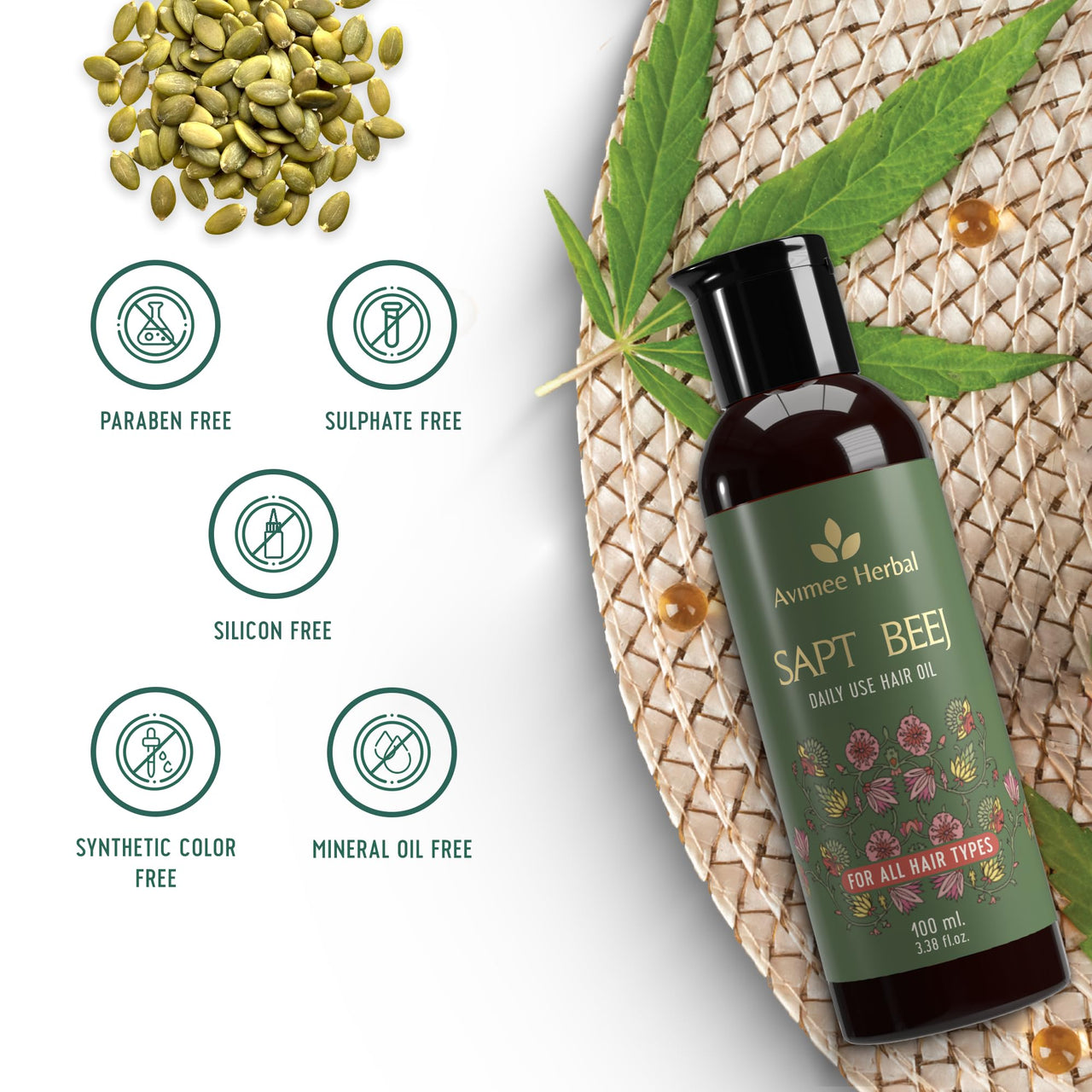 Avimee Herbal Sapt Beej Hair Oil | Packed With Goodness of 7 Seeds in One | Your Daily Hair Oil | Non Greasy Non Oily | Mineral Oil Free | 100ml