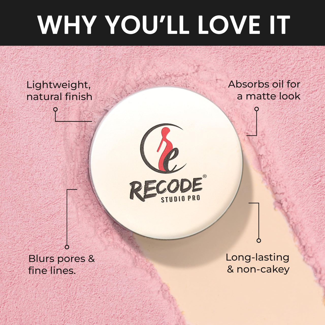Recode Studio Pro Loose Setting Powder, Pink, Professional Makeup
