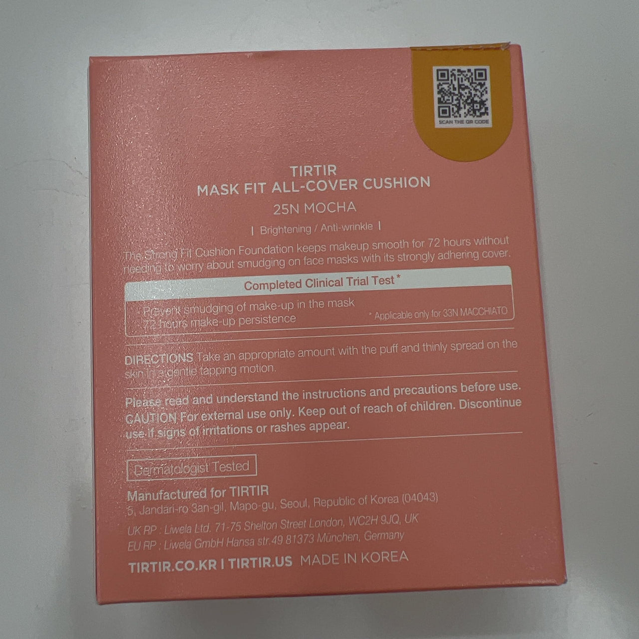 TIRTIR Mask All-Cover Cushion Foundation, Full coverage, Skin fit, Satin Glow Finish, Korean Cushion Foundation #25N MOCHA, 18g