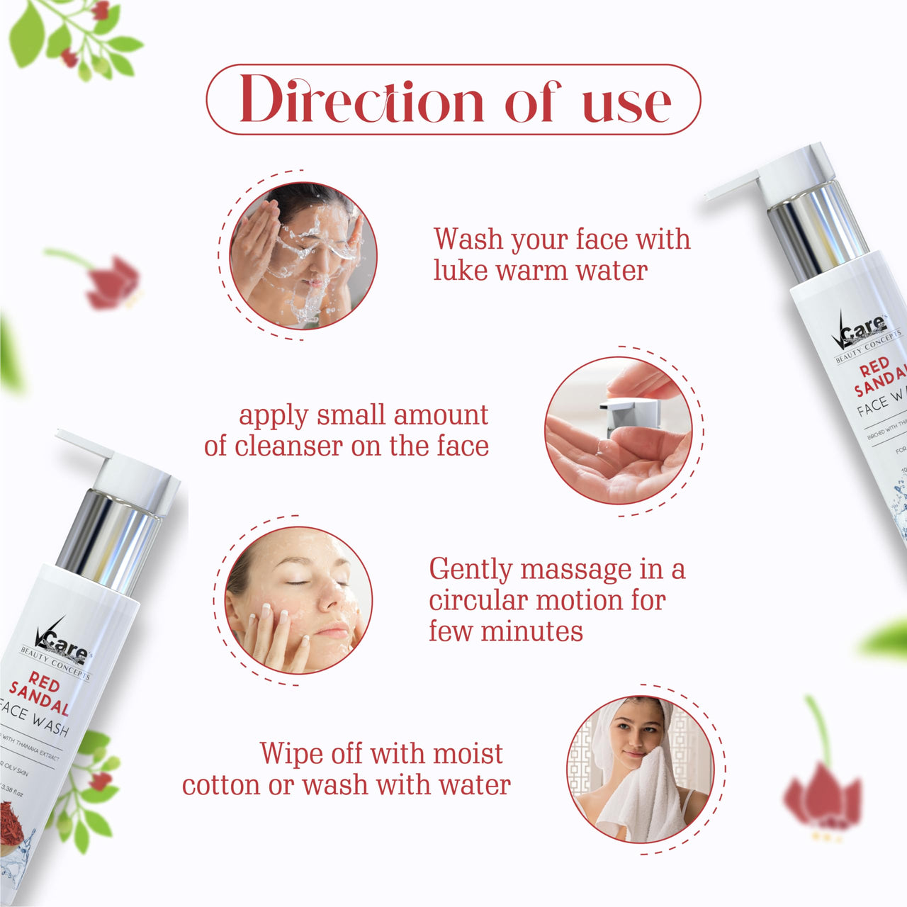 VCare Red Sandal Face Wash for Skin Whitening for Oily Skin | Reduce Acne and Pimples, Women and Men | Facial Cleanser | Skincare Face Cream, Remove Dark Circle 100 ml