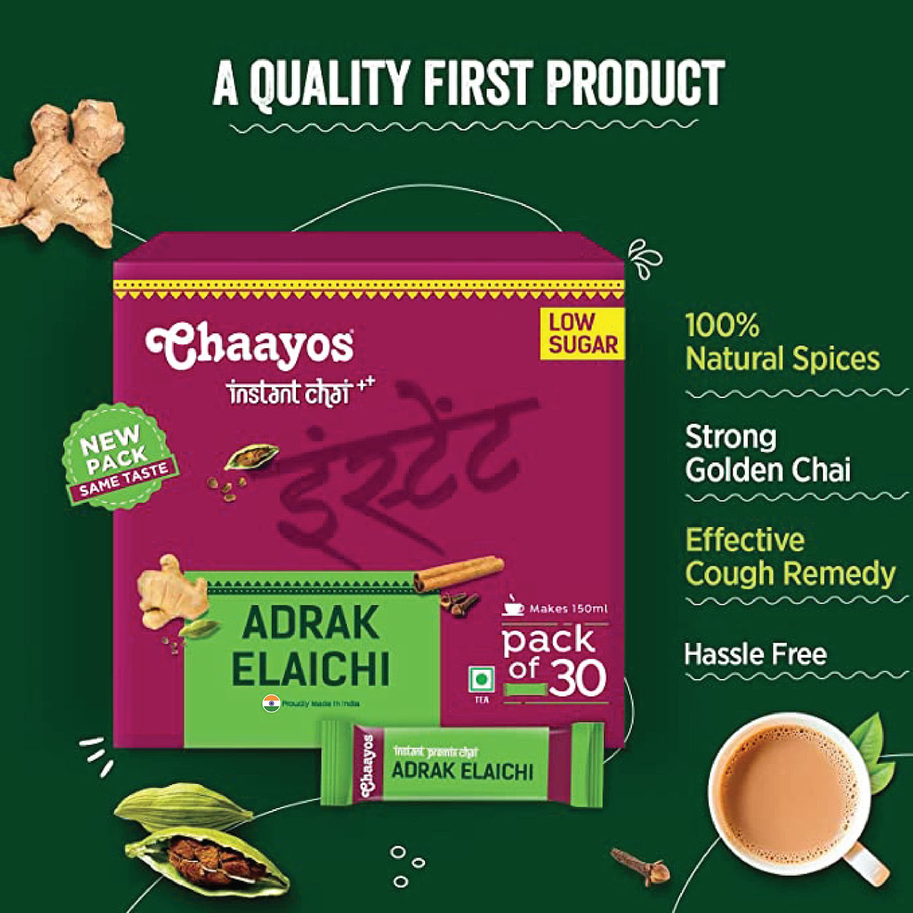 Chaayos Adrak Elachi Instant Tea Premix - Low Sugar (30 Sachets) | Instant Ginger Tea | Premix Adrak Elachi Sachets | Cardamom Chai