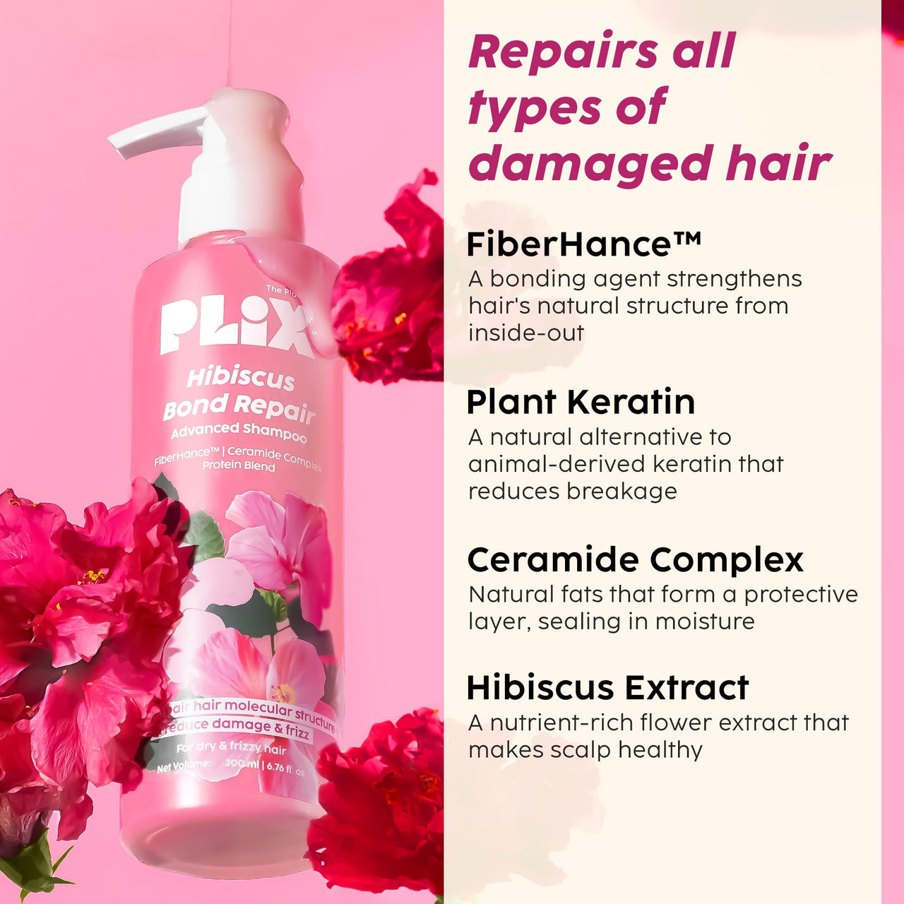 PLIX - THE PLANT FIX Hibiscus Frizz Control Hair Serum 50ml + Bond Repair Advanced Shampoo 200ml | Protects & Smoothes Frizzy Hair | 3x Strength with Fiberhance