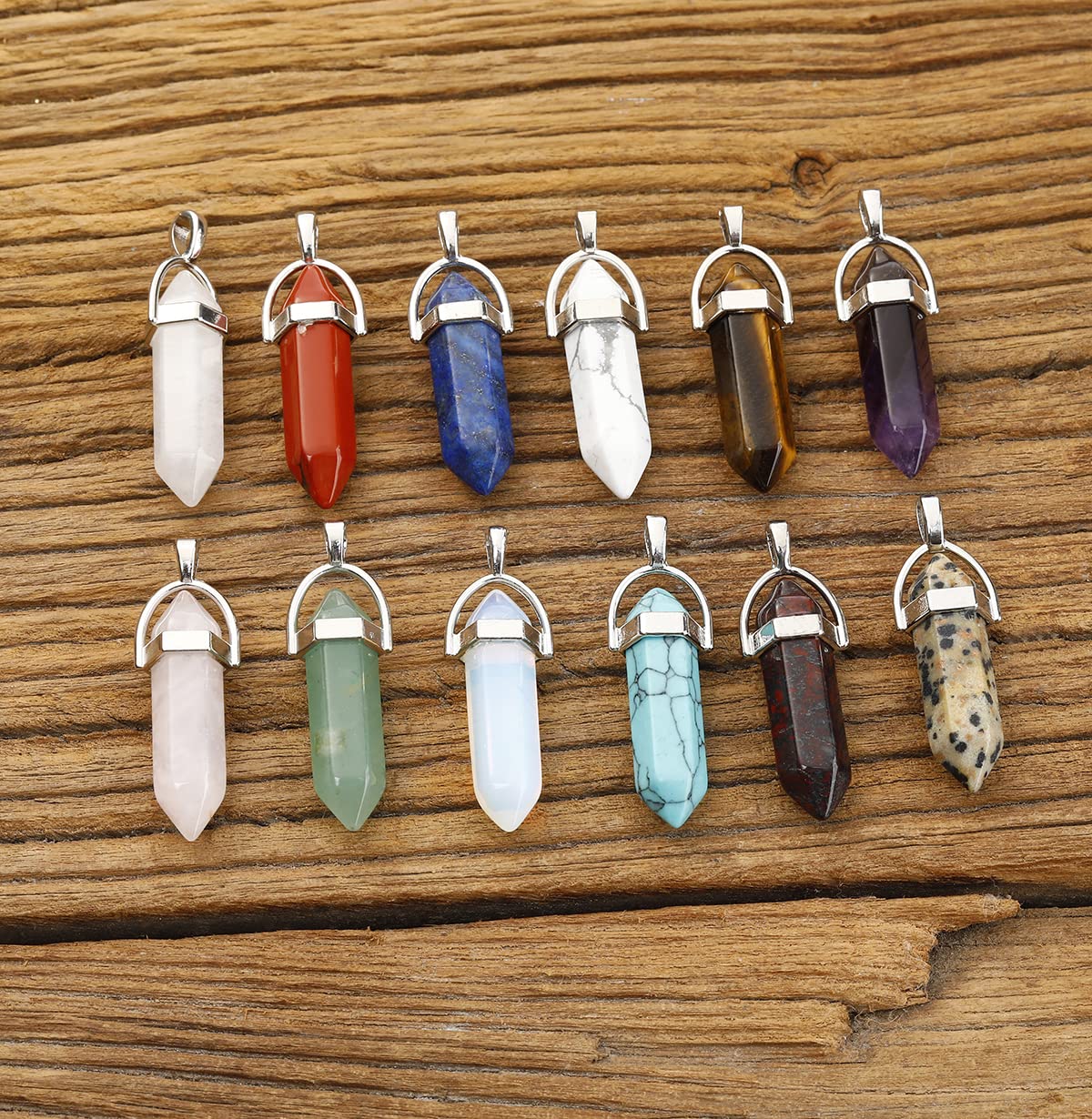 Lezam 24 Pcs Healing Chakra Crystal Pendant Hexagonal Pointed Natural Bullet Shaped Gemstone Wire Wrapped Quartz Stone Charm Pendants for Necklace Jewelry Making(12-12) 24-A