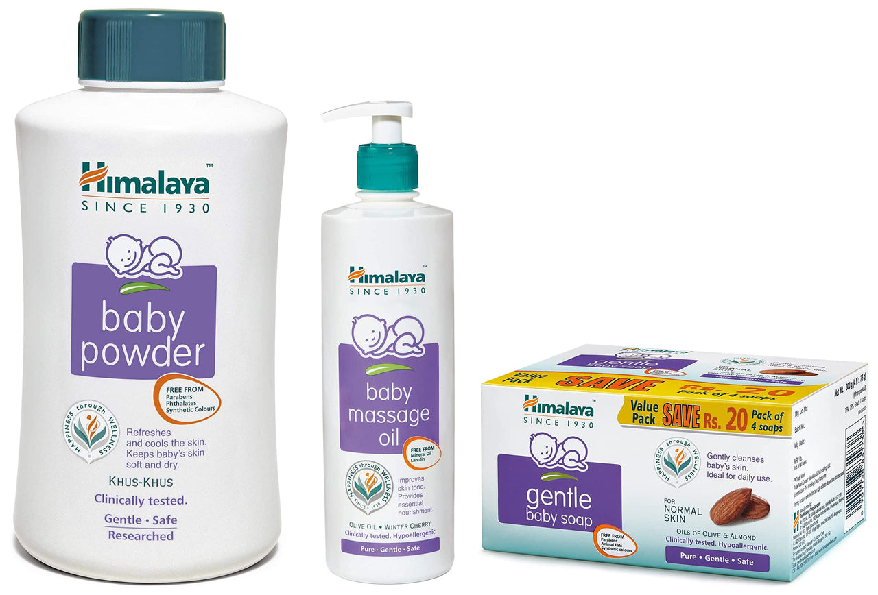 Himalaya Baby Powder, 700g, Gentle Soap Value Pack, 4 * 75gand Massage Oil (500ml) Combo