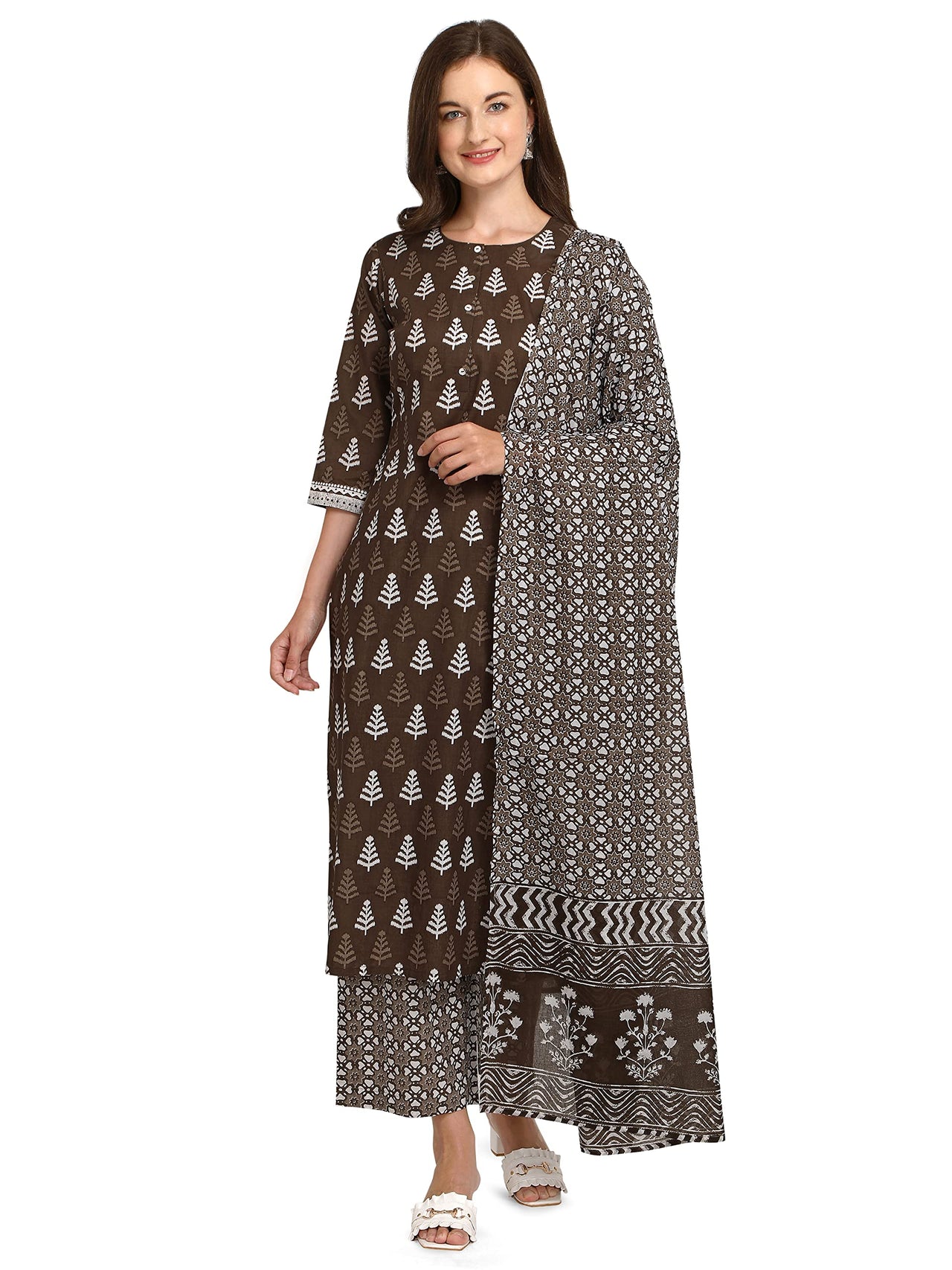 FIORRA Women's  Brown Straight Cotton Kurta with Palazzo and Dupatta