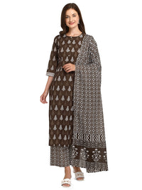 FIORRA Women's  Brown Straight Cotton Kurta with Palazzo and Dupatta