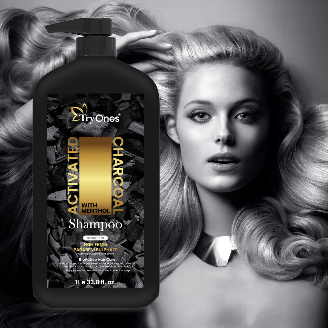 TryOnes Activated Charcoal Hair Shampoo for Men & Women with Keratin (No Sulphate, Parabens or Silicons), Eliminate Dandruff, Improve Hair Growth_1000 ml