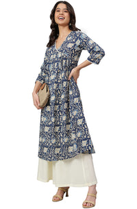 Janasya Women's  Navy Blue Cotton Floral Print Flared Kurta