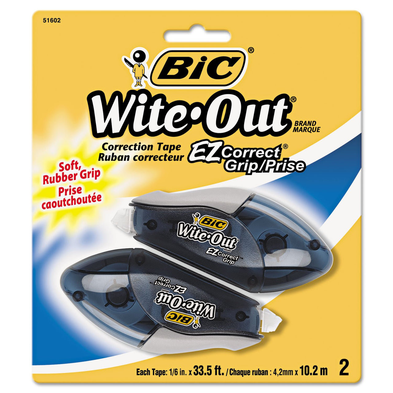 BIC Wite-Out Brand EZ Correct Grip Correction Tape, 33.5 Feet, 2-Count Pack of white Correction Tape, Fast, Clean and Easy to Use Tear-Resistant Tape Office or School Supplies