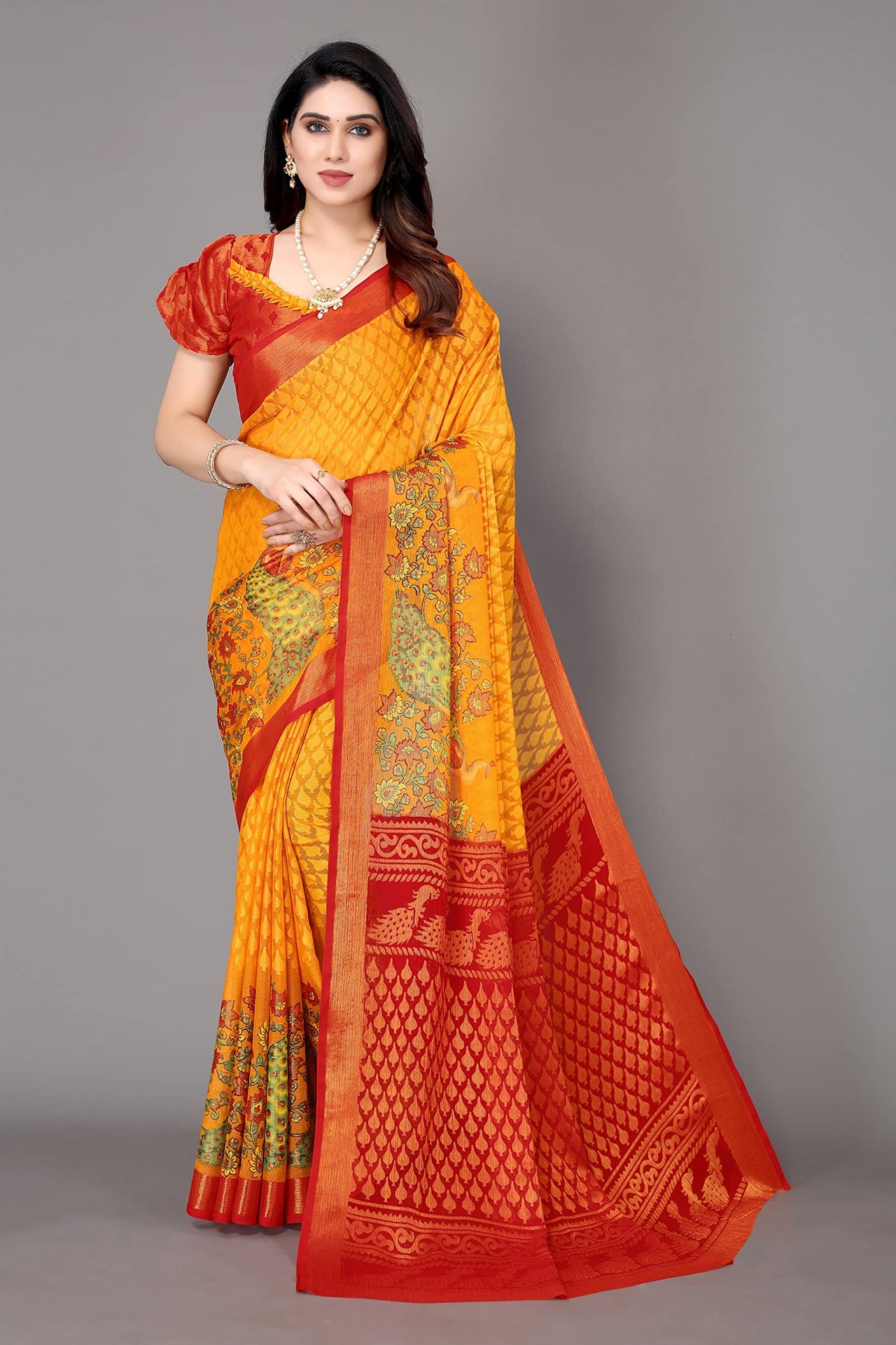 Winza Designer Women's  Chiffon Brasso Floral Printed Saree with Blouse Piece