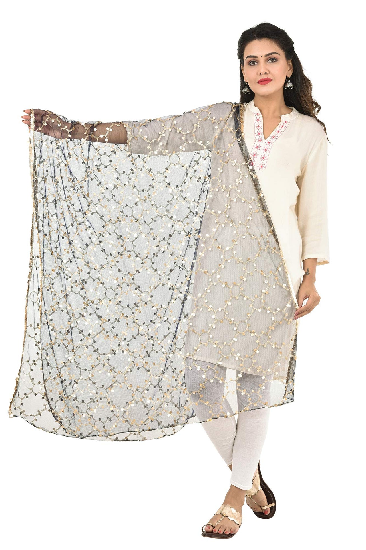 YOUTHQUAKE Heavy Embellished Plastic Mirror Net Dupatta for Womens & Girls