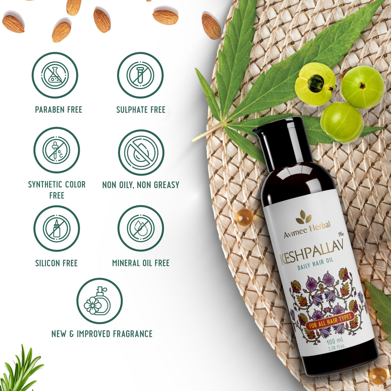 Avimee Herbal Keshpallav Plus Hair Oil for Men & Women | Non Oily Non Greasy with Soothing Fragrance | With Rosemary to Fight Hair Fall | 100 ml