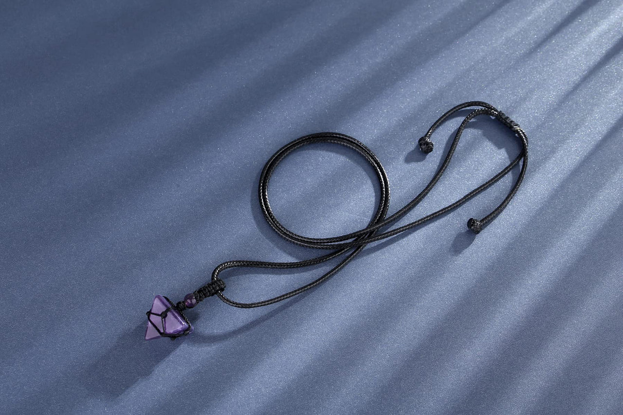 Amethyst Healing Crystal Necklace Pointed Pendant Necklaces Adjustable Rope Natural Pyramid Gemstone Stone Necklace Reiki Quartz Jewelry for Women Men Purple-amethyst