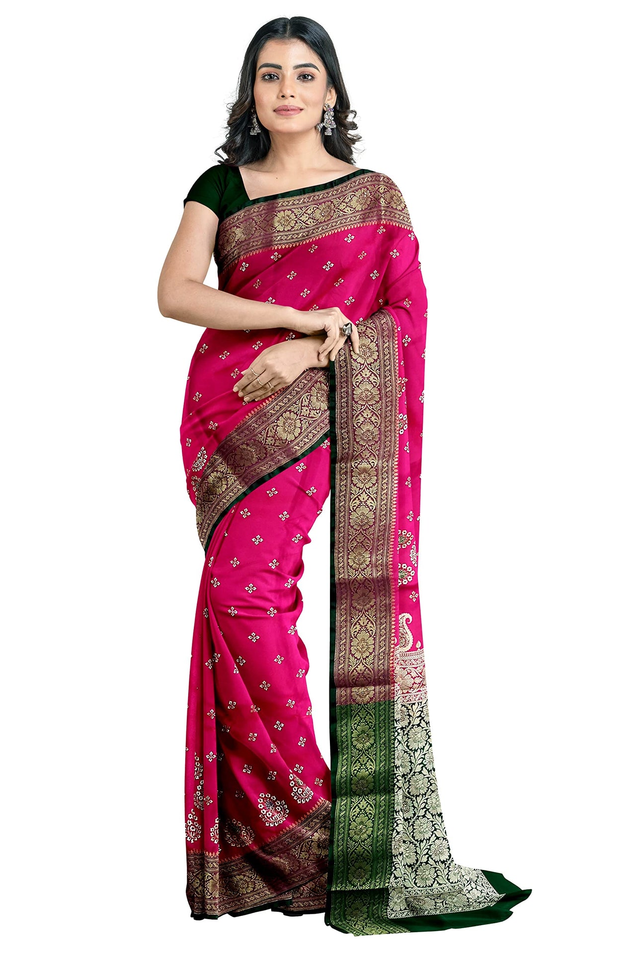 Shravanya Women's  Banarasi Silk Saree with Designer Embroidery and Stone Work with Jacquard Pallu, Border and Plain Unstitched Blouse Piece