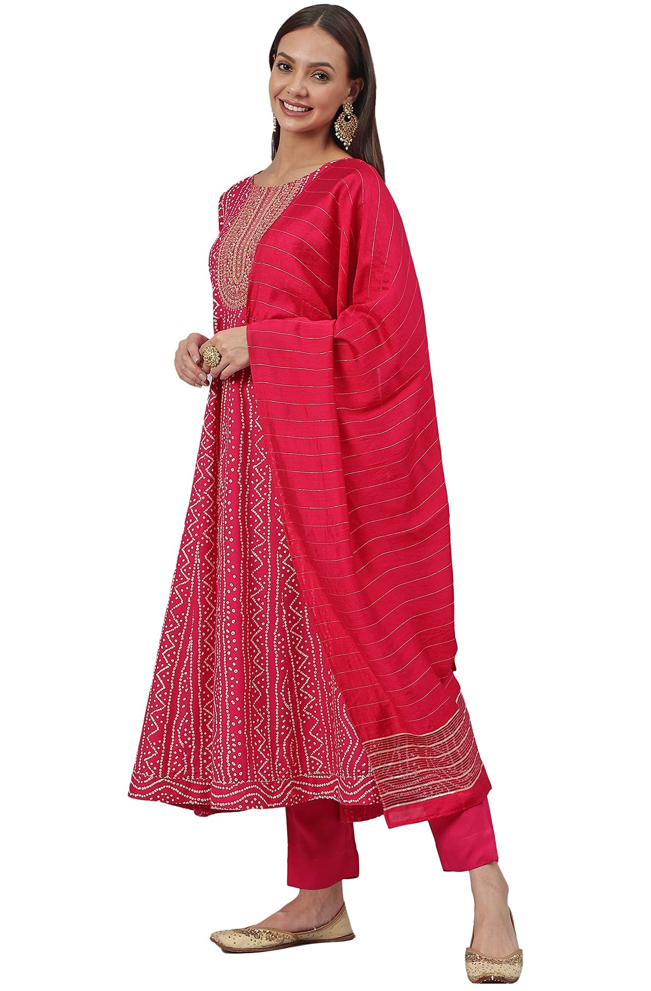 Janasya Women's  Pink Rayon A-Line Kurta with Pant And Dupatta