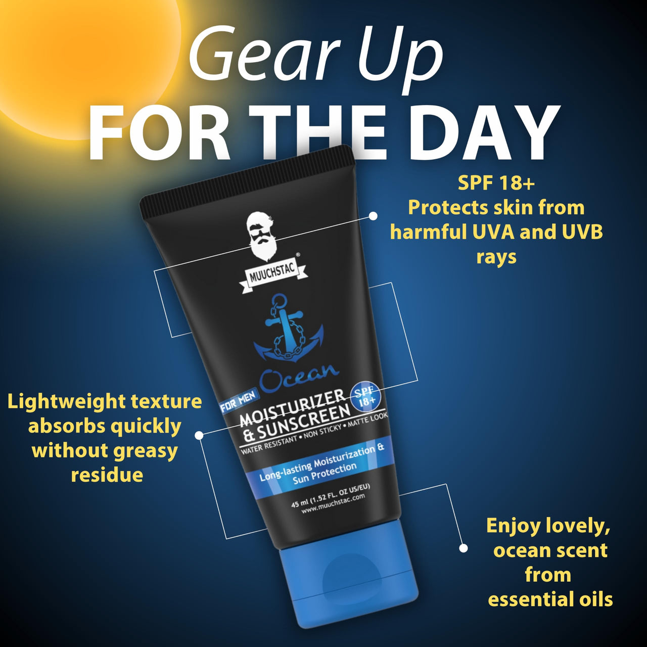 Muuchstac Mens Ocean Moisturizer & Sunscreen Matte Look Spf 18+ Cream With Turmeric & Aloe Vera Beads, Non-Sticky & Water Resistant 45 Ml - All