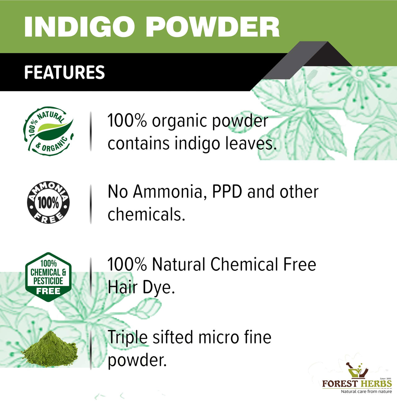 The Forest Herbs Natural Care From Nature Indigo Leaves Powder, 200g (Pack Of 1) Organic For Hair Colour Black (200g (Pack Of 1)