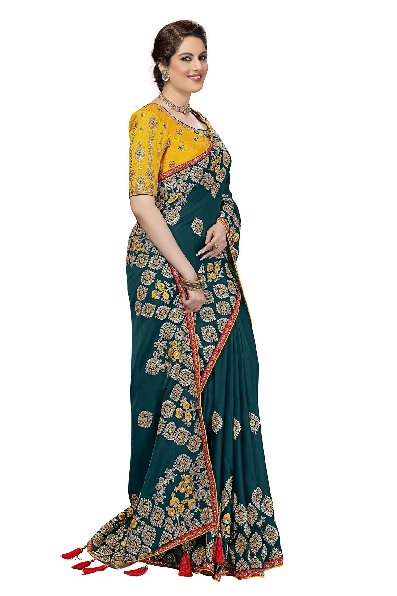 Nivah Fashion Women's  Satin Embroidery Saree with Heavy Work Blouse Piece