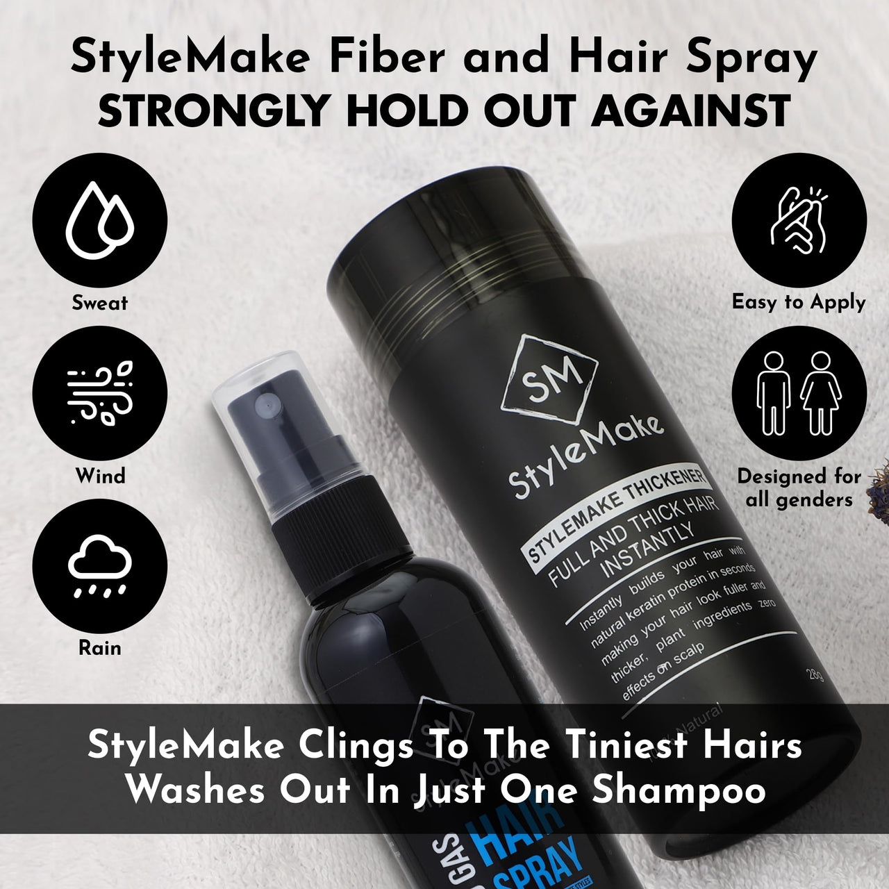 StyleMake Thickener Hair Loss Concealer - Hair Building Fibers 28gm - Hair Fibers For Thin & Fine Hair - Hair Thickening Fibers for Men & Women (Black)