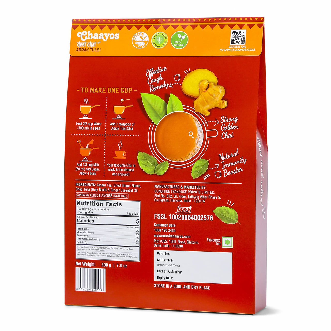 Chaayos Adrak Tulsi Tea - Premium Chai Patti for Stronger Immunity - 1kg (500 Cups) | Flavoured Tea | Black Tea | Ginger and Basil Masala Tea | Assam Tea | Chai Masala