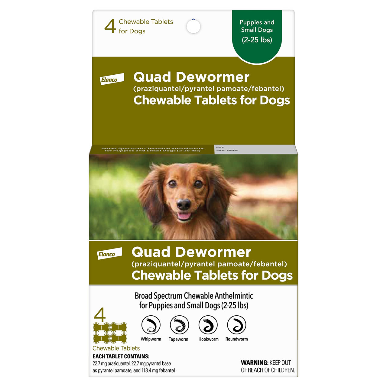 Elanco Chewable Quad Dewormer for Small Dogs, 2-25 lbs, 4 Chewable Tablets, White Quad Dewormer Only One Pack