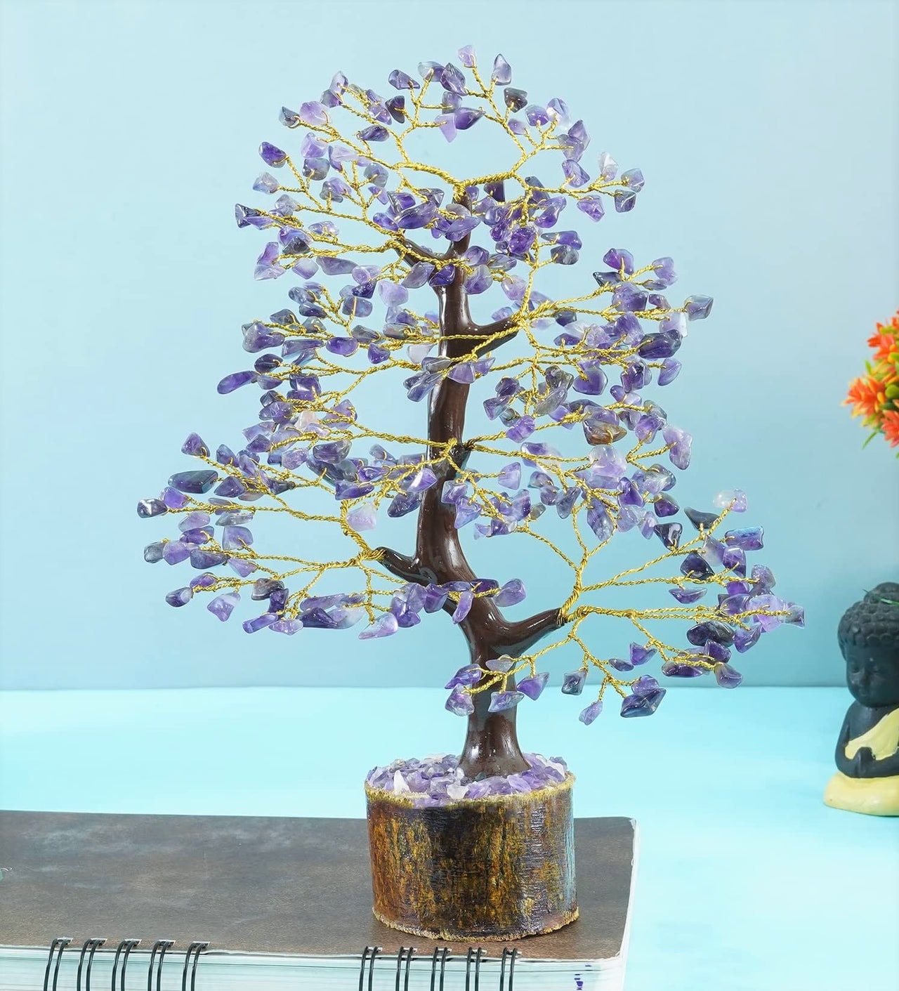 Amethyst Chakra Tree of Life - Crystal Tree for Positive Energy, Feng Shui Decor - Handmade Gemstone Tree, Good Luck Money Bonsai, Purple Healing Crystals, Meditation Stone, Spiritual Mystical Gift Amethyst (Golden Wire)