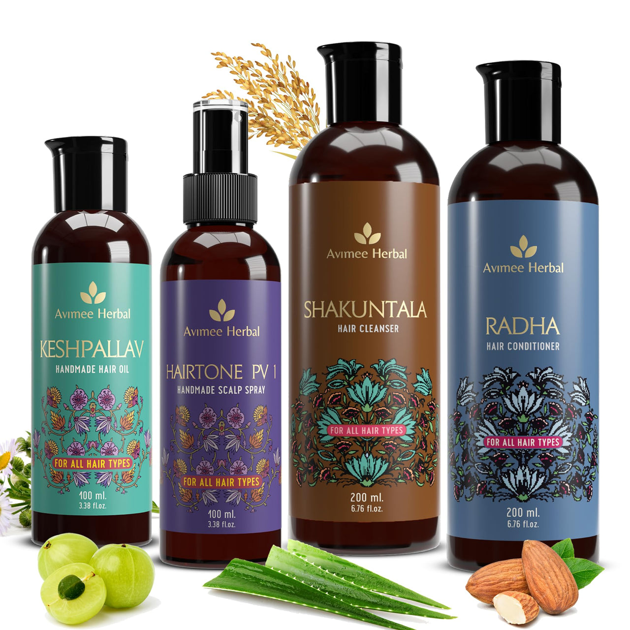 Avimee Herbal Keshpallav Hair Oil (100 ml) & Hairtone PV 1 Scalp Spray (100 ml) & Shakuntala Hair Shampoo (200 ml) & Radha hair Conditioner (200 ml) Combo Pack | Super Saver Pack