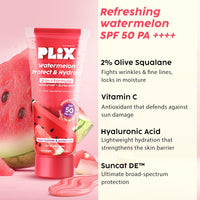 PLIX - THE PLANT FIX Watermelon Protect & Hydrate 2 in 1 formula Moisturizer + Sunscreen | Lightweight Hydration | With SPF PA 50 ++++ | UVA & UVB protection | No White Cast | 50 gm