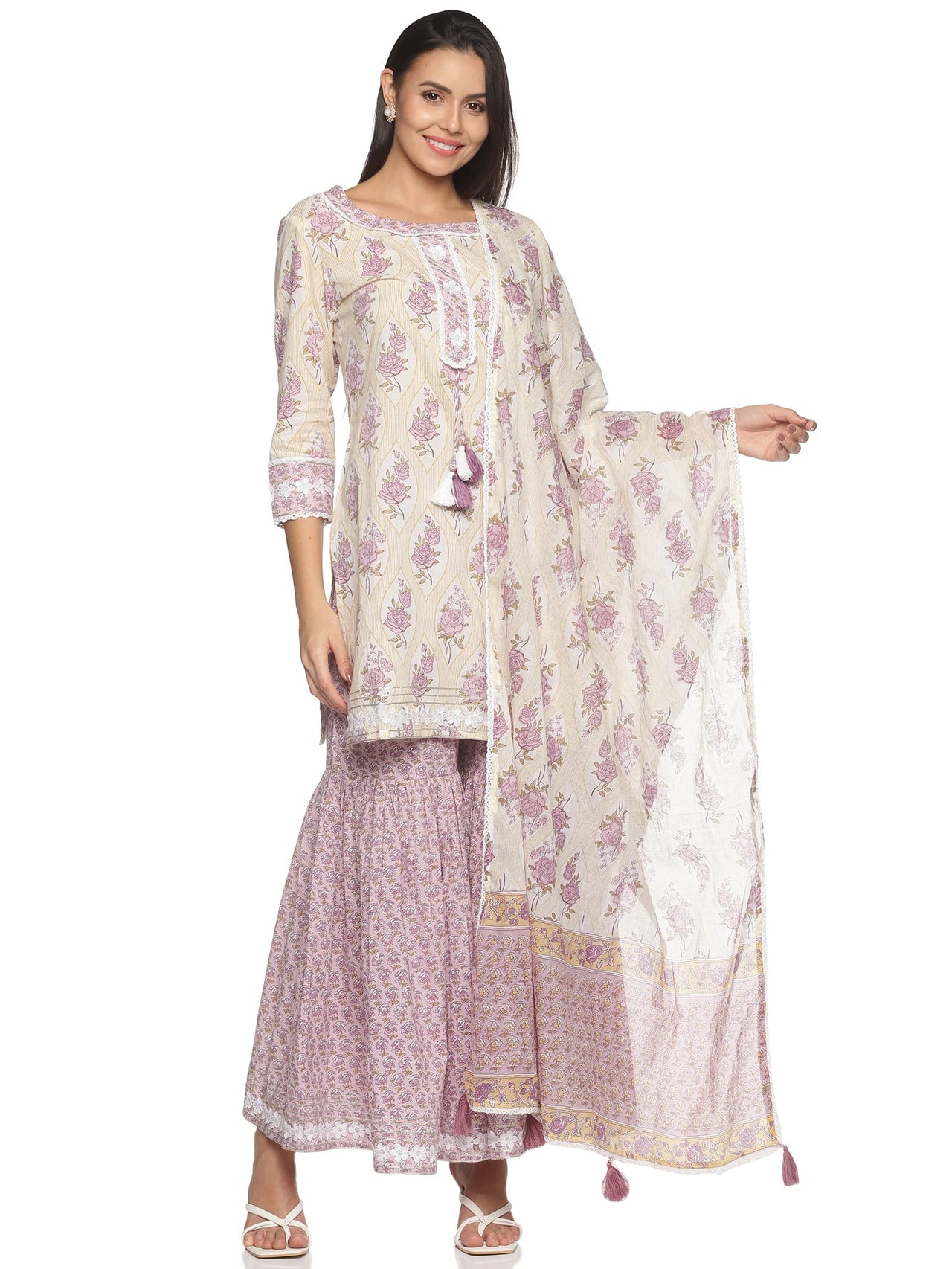 RAJMANDIRFABRICS Women's  Cotton Printed Straight Kurta Sharara With Dupatta Set
