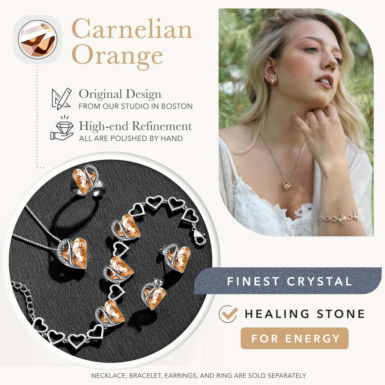 Leafael Women’s Silver Plated Infinity Love Heart Pendant Necklace with Birthstone Crystals, Jewelry Gifts for Her, 18 + 2 inch Chain, Anniversary Birthday Mother's  Necklaces for Wife Mom Girlfriend 16-Energy-Calcite Orange