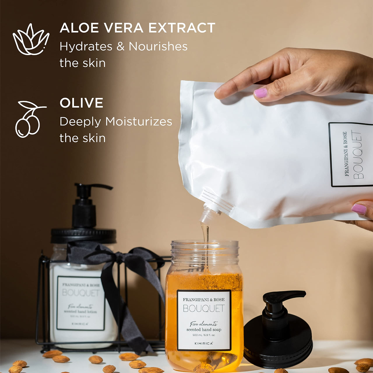 Kimirica Bouquet Foaming Liquid Hand Wash Refill Pack with Goodness of Frangipani and Rose, 100% Vegan & Paraben Free Moisturizing Hand Wash | Soft on Hands (1L)