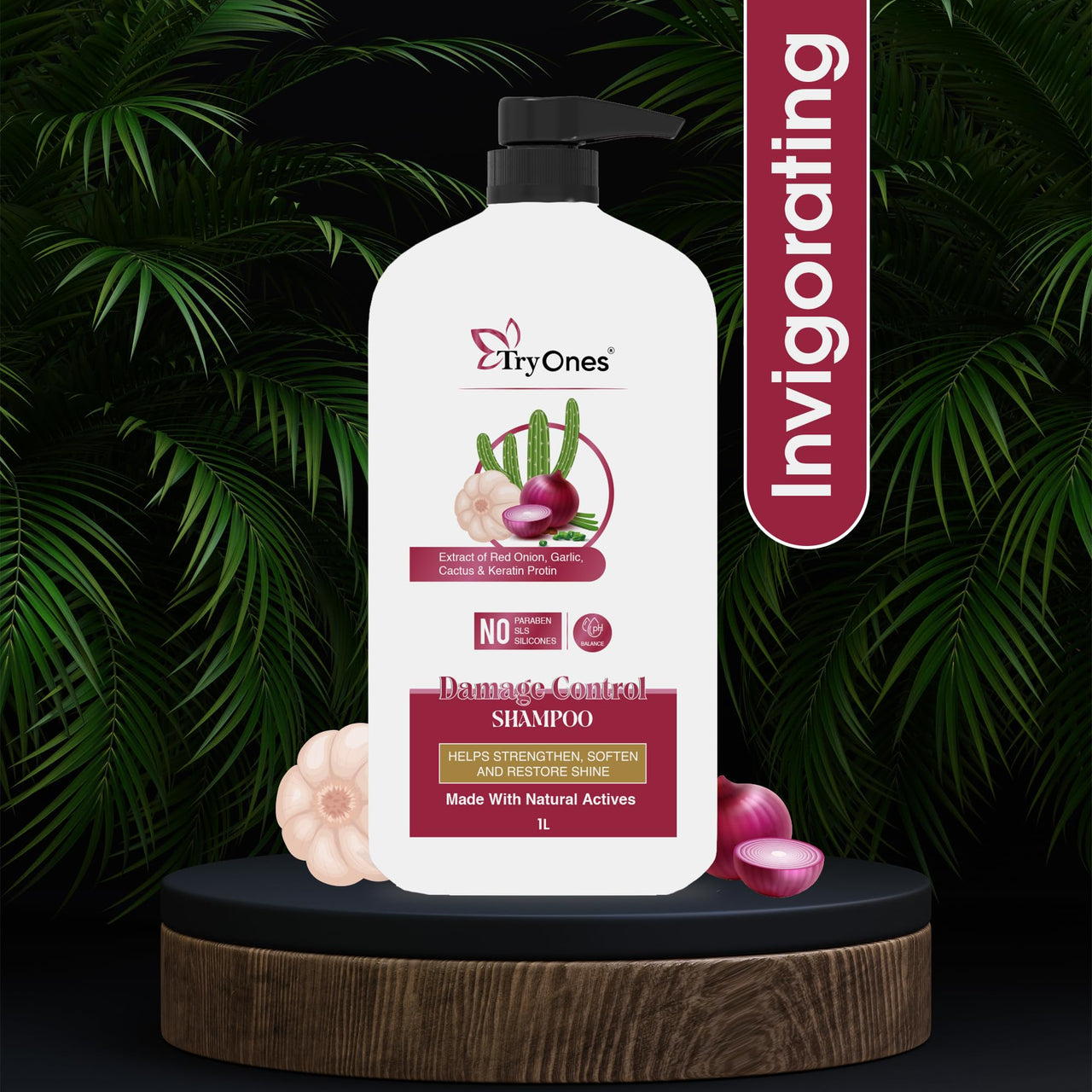 TryOnes Red Onion, Garlic, Cactus & Keratin Protin Shampoo Damage Control Strong & Nourished Hair For All Hair Types | For Women & Men | Net Weight: 1000 ml | Pack of 1