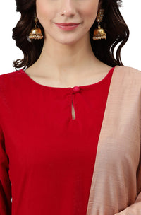 Janasya Women's  Red Velvet Kurta With Palazzo and Dupatta